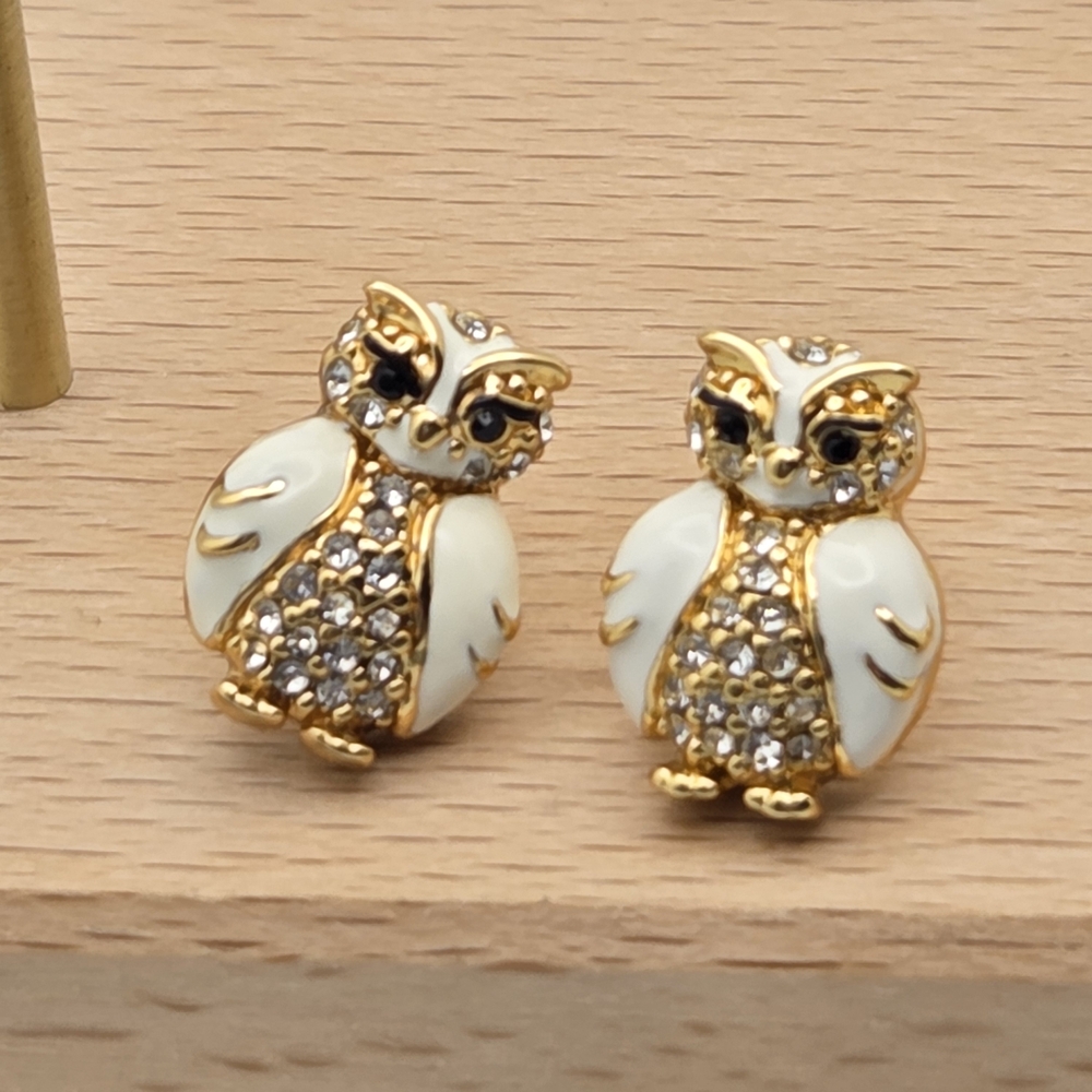 Gold and White Owl Stud Earrings - Elegant Women's Jewelry